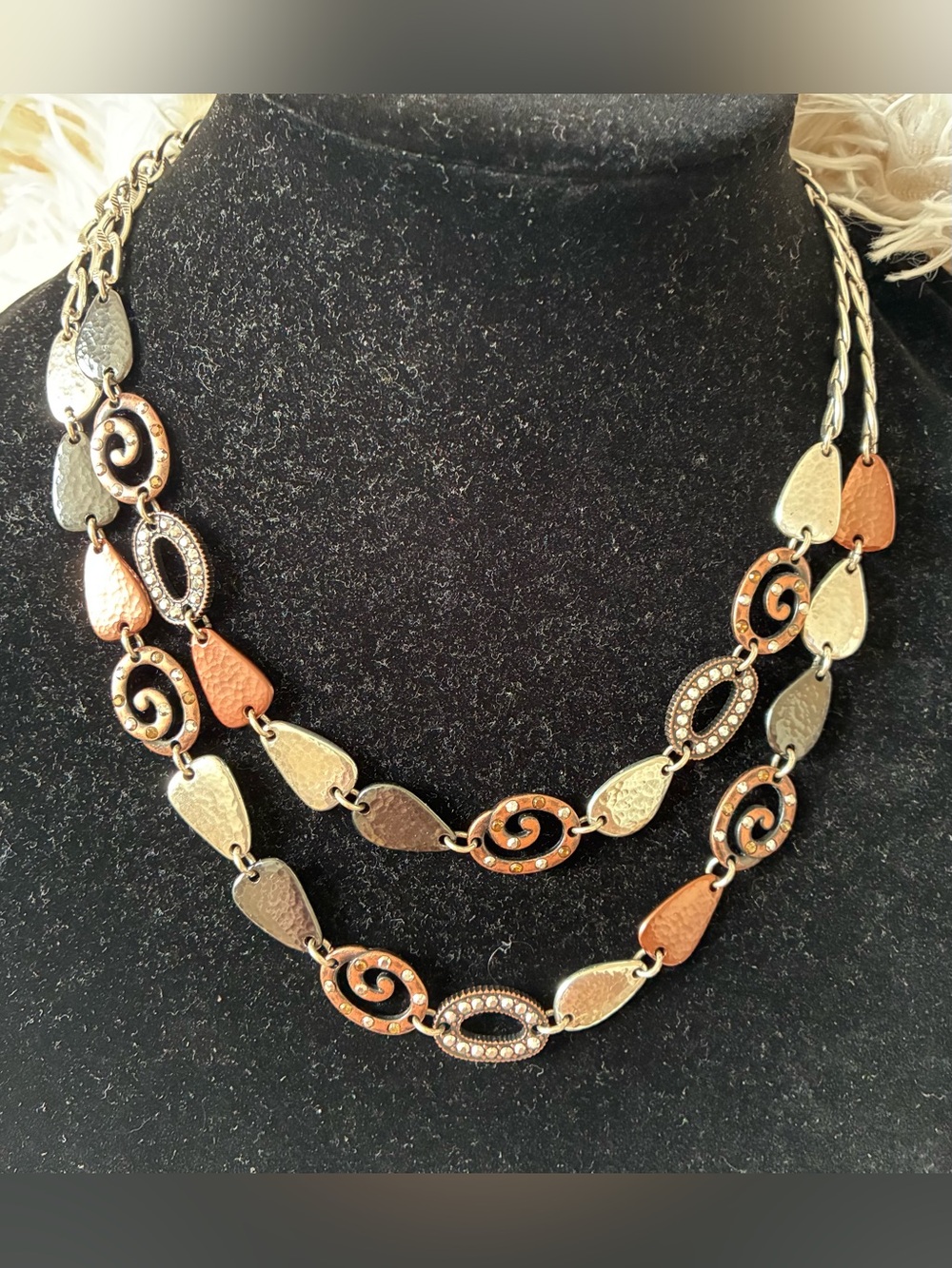 Brighton Melange Mixed Metal Rhinestone Copper & Silver Swirl 2-strand Necklace